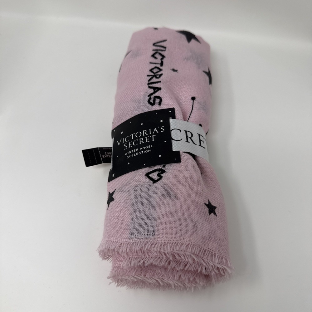 VICTORIA'S SECRET LOGO Celestial Stars Soft Pink Fringe Thin Scarf One Size NWT
